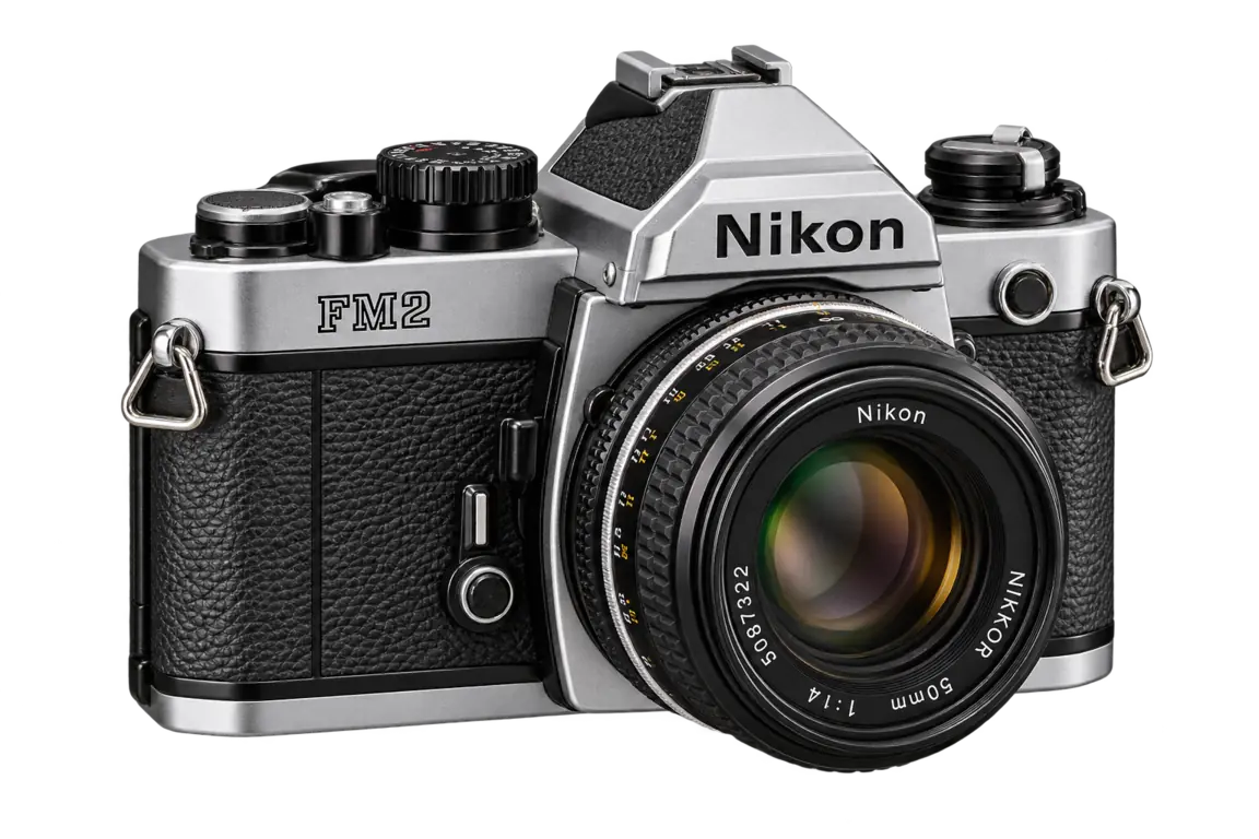 Cámara Nikon FM2 clásica con objetivo Nikkor de 50 mm